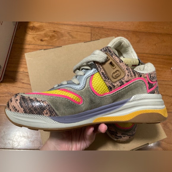 Gucci Ultrapace Sneakers Pink Multi Leather Metallic Reptile Snake Print Sz 34.5 - Picture 7 of 11